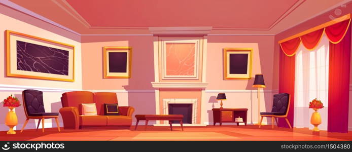 Old luxury living room interior with sofa, armchairs and marble fireplace. Vector cartoon illustration of empty lounge in classic style with red curtains and paintings in golden frames. Old luxury living room interior with fireplace