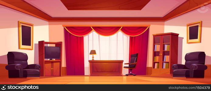 Old luxury office interior with wooden furniture, table, chairs, tv and bookcase. Vector cartoon illustration of empty chief cabinet in classic style with red curtains and paintings in golden frames. Old luxury office interior with wooden furniture