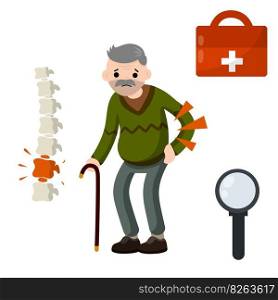 Old man and backache. bones of spine. Medical care. Low back pain and grandpa. Sad Character with cane. Cartoon flat illustration. Red spot on skeleton. Old man and backache. bones of spine