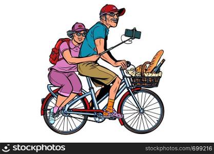old man and old lady travelers on bike, selfie on smartphone. isolate on white background. Pop art retro vector illustration vintage kitsch. old man and old lady travelers on bike, selfie on smartphone
