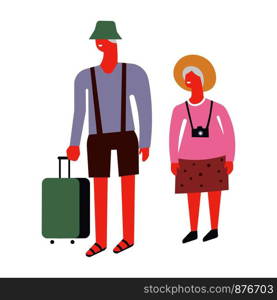 Old man and woman couple on travel. Vector faceless elderly people with travel bags and photo camera for fun leisure. Vector old man and woman couple travel