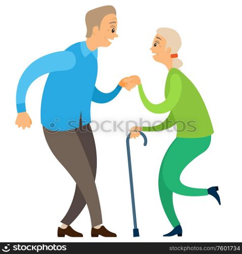 Old man and woman dancing, side view of smiling elderly couple holding hands and moving, retirement dancers characters in casual clothes, activity vector. Elderly Dancers, Pensioners Moving, Dance Vector