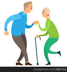 Old man and woman dancing, side view of smiling elderly couple holding hands and moving, retirement dancers characters in casual clothes, activity vector. Elderly Dancers, Pensioners Moving, Dance Vector