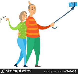 Old man and woman embracing and making selfie, grandparents standing together, senior holding stick with phone, smiling elderly people, family vector. Elderly People Making Selfie Together, Old Vector