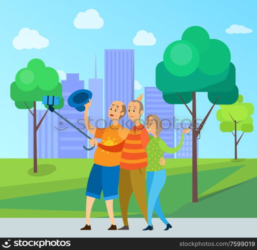 Old man and woman embracing and making selfie, senior holding stick with phone, smiling pensioners standing in urban park, elderly man and woman vector. Elderly Man and Woman Friends in Urban Park Vector