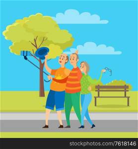 Old man and woman embracing and making selfie, senior holding stick with phone, smiling pensioners standing in urban park, elderly man and woman vector. Elderly Man and Woman Friends in Urban Park Vector