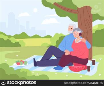 Old man and woman having picnic under tree in park. Cute scene with senior couple spending time together flat vector illustration. Family, vacation, love concept for banner or landing web page