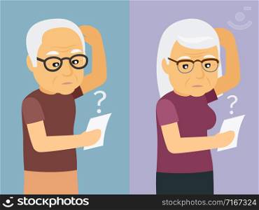 Old man and woman thinking vector illustration. Woman and man thinking. Old man and woman thinking vector illustration