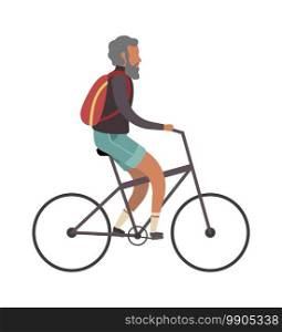 Old man cyclist. Elderly on bike with backpack outdoor activities in park, simple senior character healthy leisure lifestyle and sport for pensioner flat cartoon vector street riding isolated concept. Old man cyclist. Elderly on bike with backpack outdoor activities, simple senior character healthy leisure lifestyle and sport for pensioner flat cartoon vector street riding concept