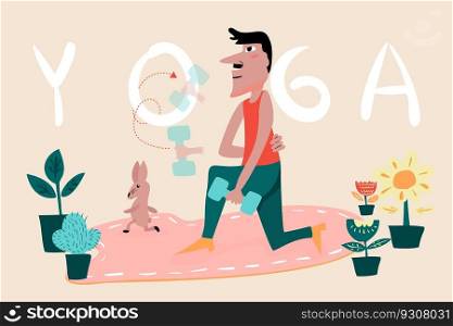 Old man doing kneeling lunges at home exercise. Yoga with dumbbell. Healthy lifestyle and wellness concept. Fitness and morning workout in cozy interior. How to keep fit indoors. Flat illustration. Man do yoga vintage retro