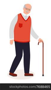Old man flat vector illustration. An elderly man with glasses and walking cane isolated on white background. Grandfather with a mustache in a red sweater and trousers walks with a walking stick. Old man vector illustration. An elderly man with glasses and walking cane isolated on white