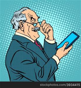 old man gadgets elderly businessman new tablet pop art retro style. old man gadgets elderly businessman new tablet