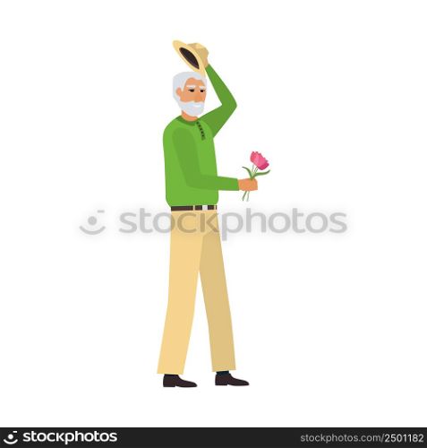 Old man gives a bouquet of flowers. Active seniors.