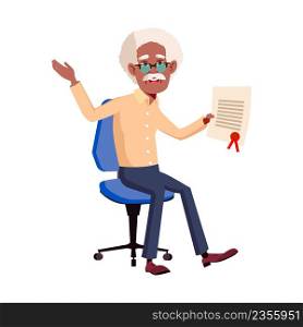 Old Man Holding Certificate List Reward Vector. African Aged Grandfather Sitting On Chair And Hold Certificate Document Won In Game Competition. Mature Character Winner Flat Cartoon Illustration. Old Man Holding Certificate List Reward Vector