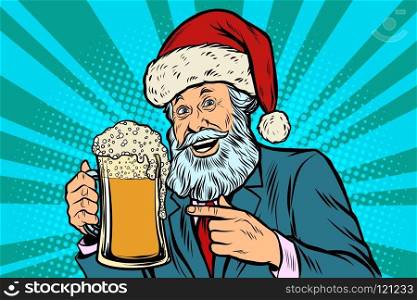 Old man in a Christmas cap with a mug of foam beer. Comic cartoon pop art retro vector illustration drawing. Old man in a Christmas cap with a mug of foam beer