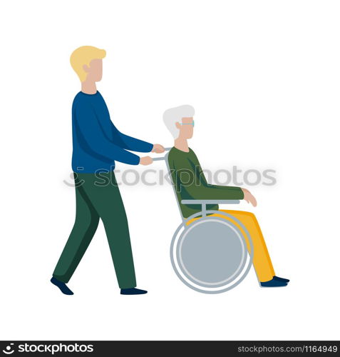 Old man in a wheelchair and volunteer on white background. Handicap wheelchair flat design. Medical health care.Flat vector character illustration.. Old man in a wheelchair and volunteer on white background.