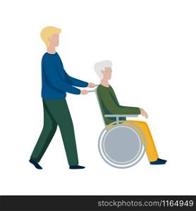 Old man in a wheelchair and volunteer on white background. Handicap wheelchair flat design. Medical health care.Flat vector character illustration.. Old man in a wheelchair and volunteer on white background.