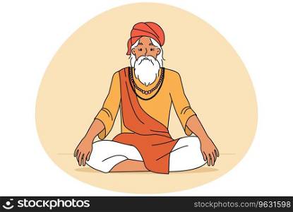 Old man in traditional clothes sitting in lotus position meditating. Elderly male yogi practice yoga. Culture and tradition. Vector illustration.. Old man yogi in lotus position