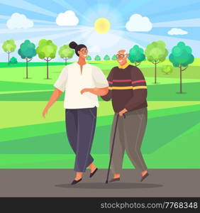Old man leans on stick and walks with woman in park. Girl take care of man from nursing home. People stroll against background of green trees in garden. Girl smiles and helps grandfather to walk. Old man leans on stick and walks with woman in park. Girl take care of man from nursing home
