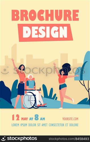 Old man meeting with family. Wheelchair, daughter, granddaughter flat vector illustration. Generations, elderly care, togetherness concept for banner, website design or landing web page
