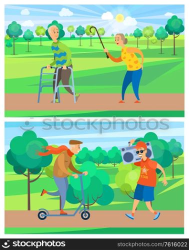 Old man moving on scooter, senior holding record player, grandparents going with walker equipment, grandmother walking with stick in park, leisure vector. Aged People in Park, Old Man and Woman Vector