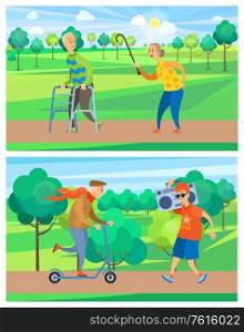 Old man moving on scooter, senior holding record player, grandparents going with walker equipment, grandmother walking with stick in park, leisure vector. Aged People in Park, Old Man and Woman Vector