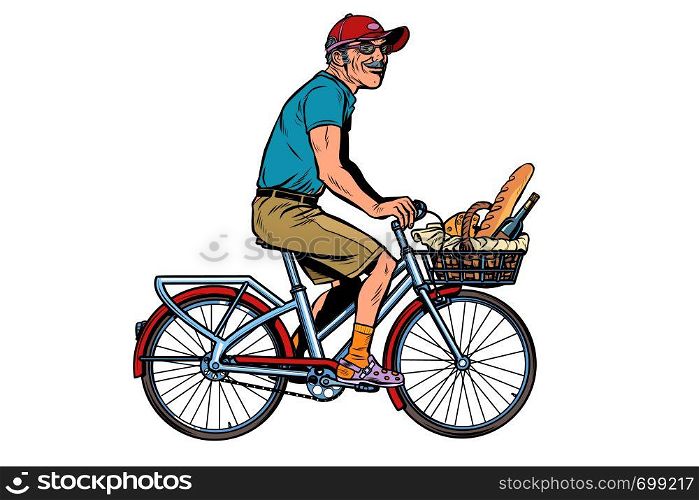 old man on bike with shopping food. Pop art retro vector illustration vintage kitsch. old man on bike with shopping food