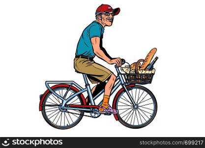 old man on bike with shopping food. Pop art retro vector illustration vintage kitsch. old man on bike with shopping food