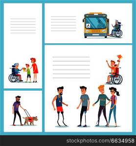 Old man on wheelchair takes bus, grandkids give flowers their granny on wheelchair, blind man walks and disabled people in sport vector illustrations.. People with Disabilities Do Regular Staff Set