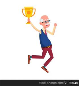 Old Man Pensioner Holding Trophy Cup Reward Vector. Happiness Caucasian Grandfather Hold Golden Trophy Cup And Celebrating Victory In Smart Game. Elderly Character With Award Flat Cartoon Illustration. Old Man Pensioner Holding Trophy Cup Reward Vector