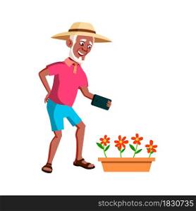 Old Man Photographing Flowers In Garden Vector. Happy Aged Pensioner Guy Making Photo Growing Flowers On Mobile Phone Camera. Character Using Electronic Gadget Flat Cartoon Illustration. Old Man Photographing Flowers In Garden Vector