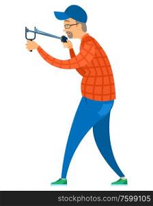 Old man playing with slingshot, side and full length view of elderly male wearing casual clothes, cap and glasses holding catapult, target equipment vector. Elderly Person Aiming with Catapult, Fun Vector