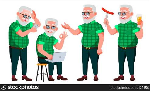 Old Man Poses Set Vector. Elderly People. Senior Person. Aged. Cute Retiree. Activity. Advertisement, Greeting, Announcement Design Isolated Cartoon Illustration. Old Man Poses Set Vector. Elderly People. Senior Person. Aged. Caucasian Retiree. Smile. Web, Poster, Booklet Design. Isolated Cartoon Illustration
