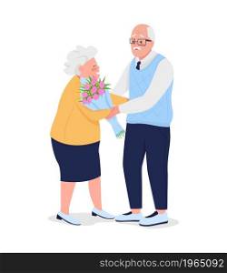 Old man presenting bouquet to wife semi flat color vector characters. Full body people on white. Elderly couple anniversary isolated modern cartoon style illustration for graphic design and animation. Old man presenting bouquet to wife semi flat color vector characters