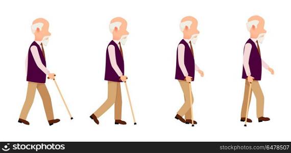 Old Man Process of Movement Colorful Vector Set. Old man process of movement colorful vector illustrations set. Aged person with cane long thin stick with curved handle that can be use to help walk.