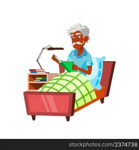 Old Man Reading Book In Bedroom Bedtime Vector. Indian Elderly Grandfather Laying In Bed And Reading Book. Character Enjoying Literature Interesting Story Flat Cartoon Illustration. Old Man Reading Book In Bedroom Bedtime Vector