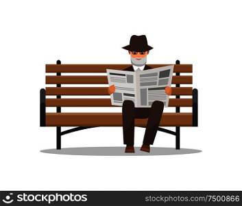 Old man reading newspaper on bench isolated elderly male relaxing alone vector. Reader wearing fashionable hat, Retired person with publication press. Old Man Reading Newspaper on Bench Isolated Vector