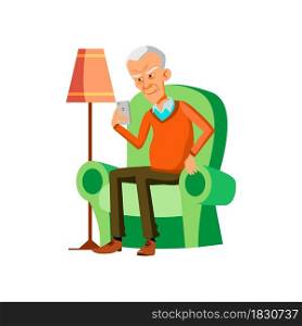 Old Man Reading Sms On Mobile Phone Screen Vector. Asian Elderly Guy Sitting In Living Room Armchair And Read Message Or Watching Photo On Phone Display. Character Flat Cartoon Illustration. Old Man Reading Sms On Mobile Phone Screen Vector