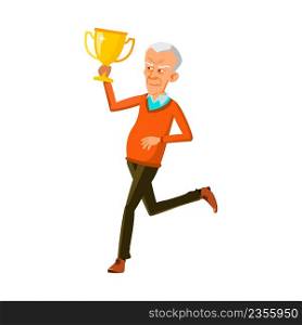 Old Man Running With Trophy Cup Reward Vector. Asian Grandfather Run With Golden Trophy Mug And Celebrate Victory In Sport Tournament. Cheerful Character Elderly Guy Flat Cartoon Illustration. Old Man Running With Trophy Cup Reward Vector