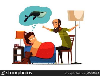 Old man senior character with beard tells his grandson bedtime fish story retro cartoon poster vector illustration . Grandfather Bedtime Story Cartoon Poster