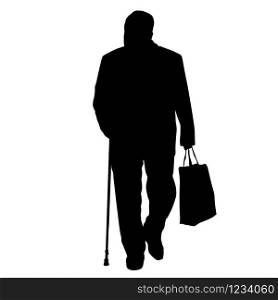 Old man silhouette with stick and shopping bag on white background, vector illustration
