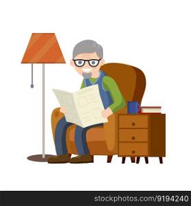 Old man sits in brown chair and read newspaper. Lifestyle of senior. Furniture - armchair, bedside table with Cup, floor l&. Rest and relax of grandfather with news. Cartoon flat illustration. Old man sits in brown chair and read newspaper
