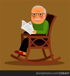 Old man sitting in rocking chair and reading newspaper. Vector illustration.. Old man sitting in rocking chair and newspaper
