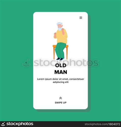Old Man Sitting On Bench In Park Outdoor Vector. Old Man Grandfather Resting On Chair In Garden Outside. Character Elderly Pensioner Relaxation On Retirement Web Flat Cartoon Illustration. Old Man Sitting On Bench In Park Outdoor Vector