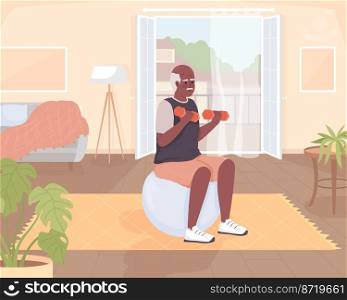 Old man training with dumbbells and fitball flat color vector illustration. Exercises for wellbeing in senior age. Fully editable 2D simple cartoon character with living room on background. Old man training with dumbbells and fitball flat color vector illustration