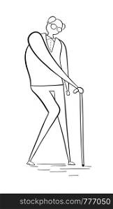 Old man walking with his walking stick, hand-drawn vector illustration. Black outlines and white.