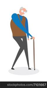 Old man walking with his walking stick, hand-drawn vector illustration. Colored flat style.