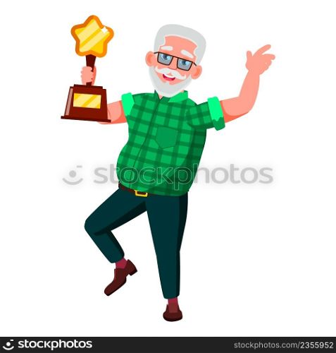 Old Man Winning Trophy Cup In Competition Vector. Happy Caucasian Grandfather Dancing And Celebrate Won Trophy Cup In Championship. Character Success Achievement Flat Cartoon Illustration. Old Man Winning Trophy Cup In Competition Vector