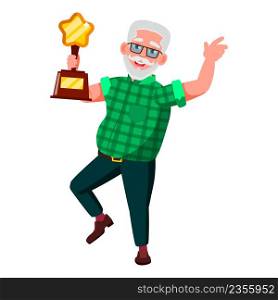 Old Man Winning Trophy Cup In Competition Vector. Happy Caucasian Grandfather Dancing And Celebrate Won Trophy Cup In Championship. Character Success Achievement Flat Cartoon Illustration. Old Man Winning Trophy Cup In Competition Vector