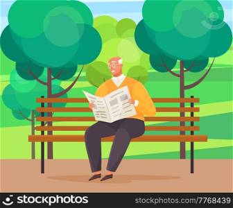 Old man with glasses sitting and reading newspaper on bench in park. Retiree elderly male character spends time in nursing home. Grandfather resting, reading news enjoying good day in city garden. Old man with glasses sitting and reading newspaper on bench in city garden with green trees